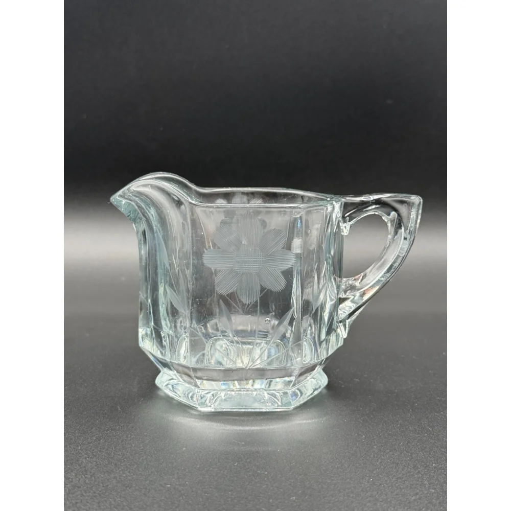 Vintage Heavy Glass Hexagon Creamer and Sugar Bowl Set Etched Floral Daisy